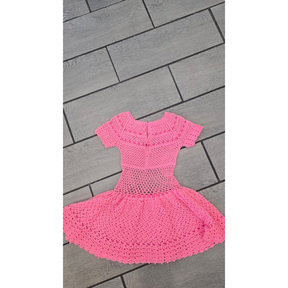 Handmade Pink Crochet Dress Kids Ribbon Accent Open Weave Vintage Style - Picture 2 of 6